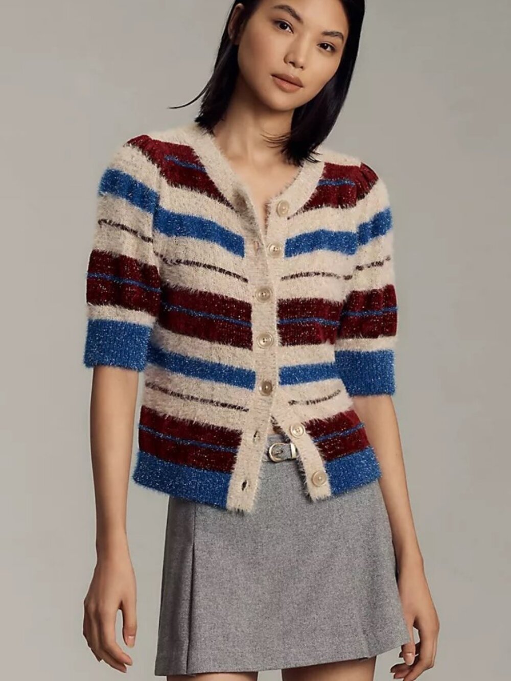 Maeve Short-Sleeve Fuzzy Cardigan Sweater